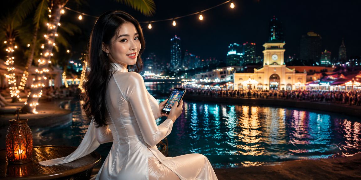 Cô gái áo dài tại Hồ Chí Minh sử dụng điện thoại để đăng ký tài khoản cá cược trực tuyến