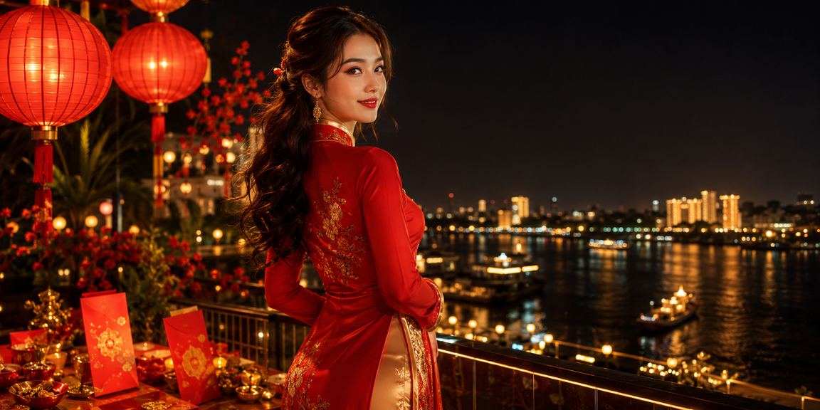 Phong bao lì xì đỏ Tết Việt Nam bên sông Mekong
